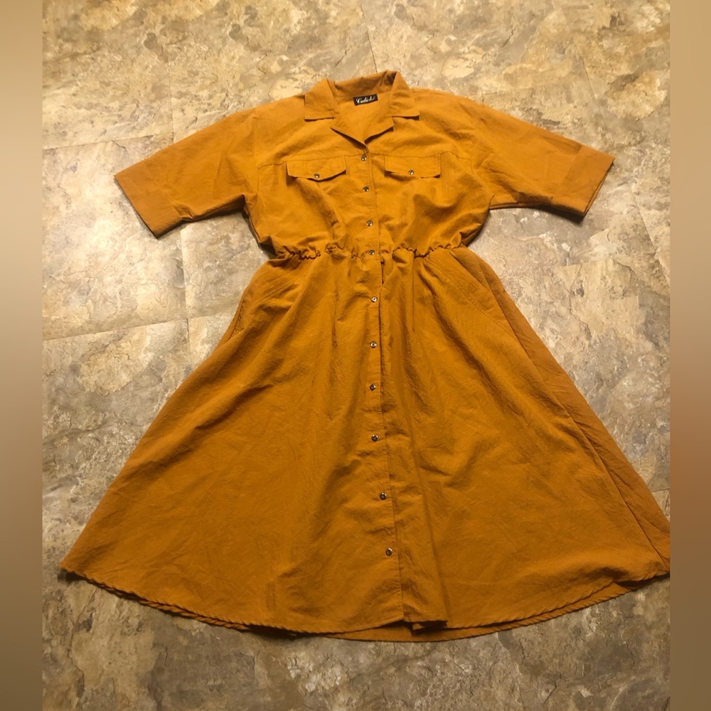 9712 Women’s Carliche Dress Yellowish W Pockets Elastic Waist XL? Shirt Dress